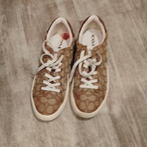 Coach Tan and White Monogram Sneakers